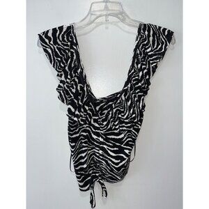 Zara Womens Zebra Print Ruched Ruffle Sleeve Top S Black & White Polyester NWT
